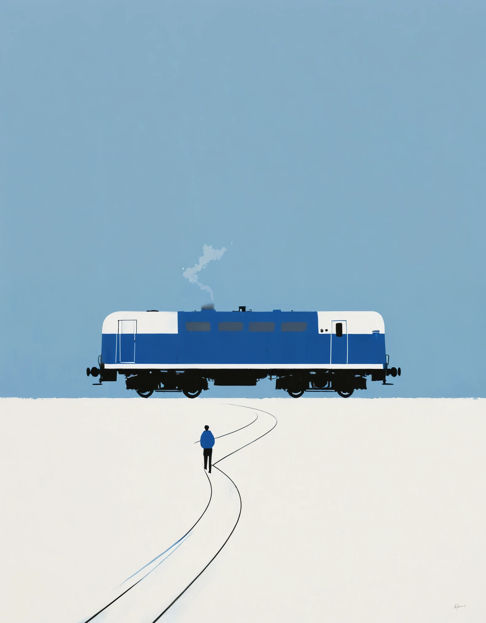 illustration, a train traversing along a railway track and just past a level crossing, single Klein blue and white, white background, Jon Klassen. minimalist Journey