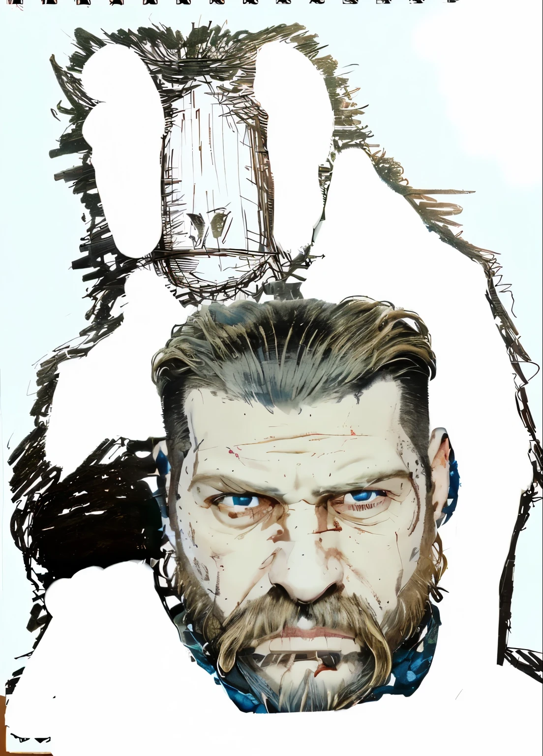 a middle aged veteran of war with a beard, army haircut, blank white blind eyes, looks dangerous, menacing, photorealistic, Louisiana vibe, voodoo, kodak, arri alexa, blue hour