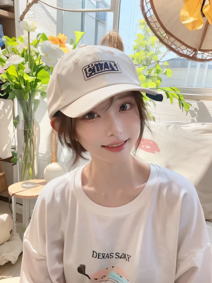 Best image quality、original photo、ultra high resolution、21 years old Korean、small breasts、dynamic angle、Cowboy shooting、The most beautiful form of chaos、elegant、Innovative design、bright colors、,light brown short hair、disheveled hair、light brown eyes 、black baseball cap(Facial expressionSmile)、short bob、Smile、Fair and shiny skin、beautiful eyes,random colors、The details are very beautiful、thin lips、Delicate and beautiful eyes、elongated eyes、Pale pink cheeks、long eyelashes、beautiful double eyelids、eye shadow、he、White Large T-shirt Sweatshirt、baggy pants、Shot from the side、sexy pose、enlarge