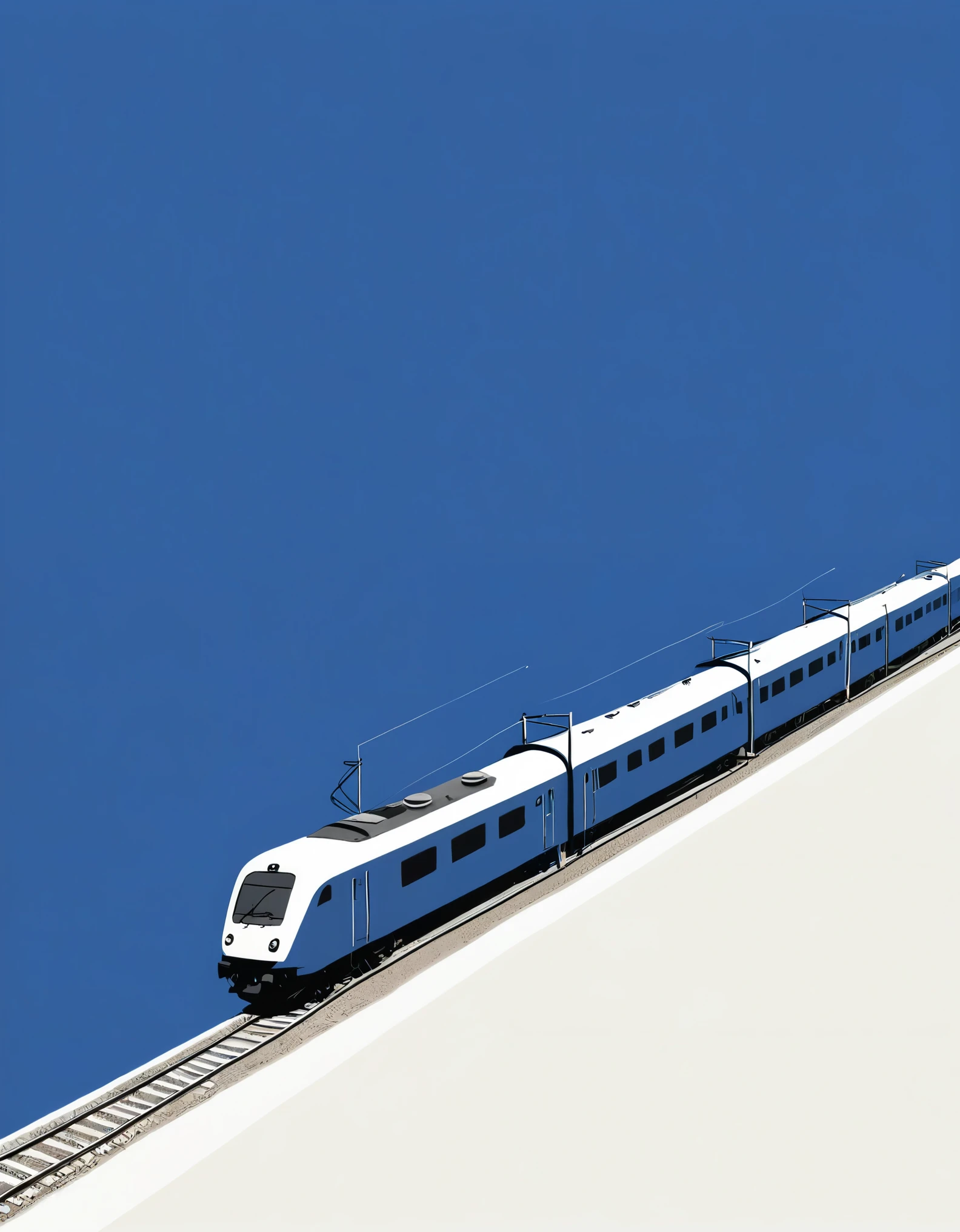 illustration, a train traversing along a railway track and just past a level crossing, single Klein blue and white, white background, Jon Klassen. minimalist Journey