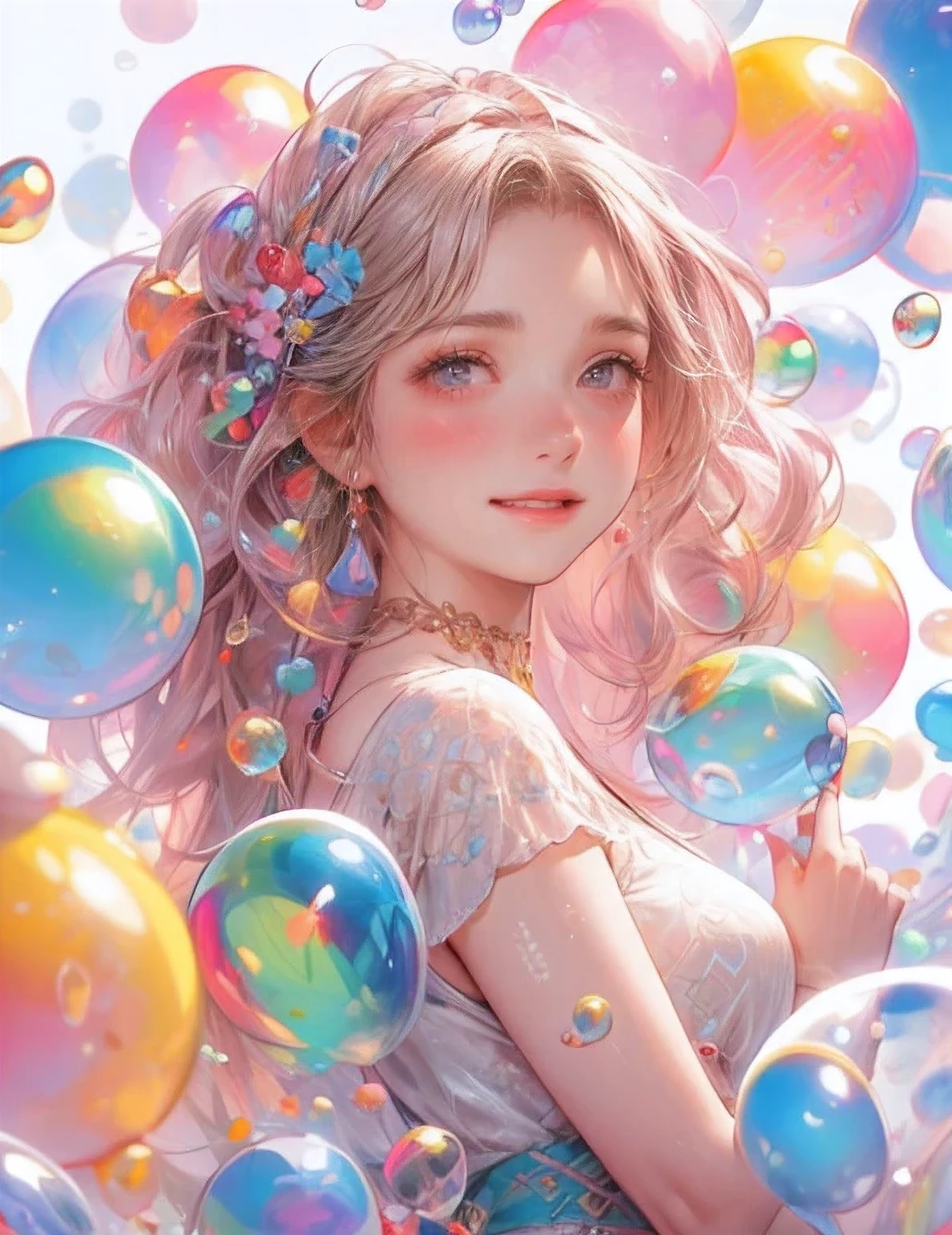 masterpiece:1.2, highest quality, 16k, highres, ultra-realistic:1.37, beautiful detailed:1.2, beautiful woman, standing, beautiful posing, bubble, heart shape bubbles:1.5, Countless bubbles (heart shape:1.2, vibrant colors), bubbles of various sizes, bubbles:1.2, too many bubbles:1.2, happily smile, beautiful delicate(hair, face, long eyelash, eyes, pupils, lips, knee, anklet, bubbles), sparkling eyes, shining rosy lips, blushed cheek, through bangs,