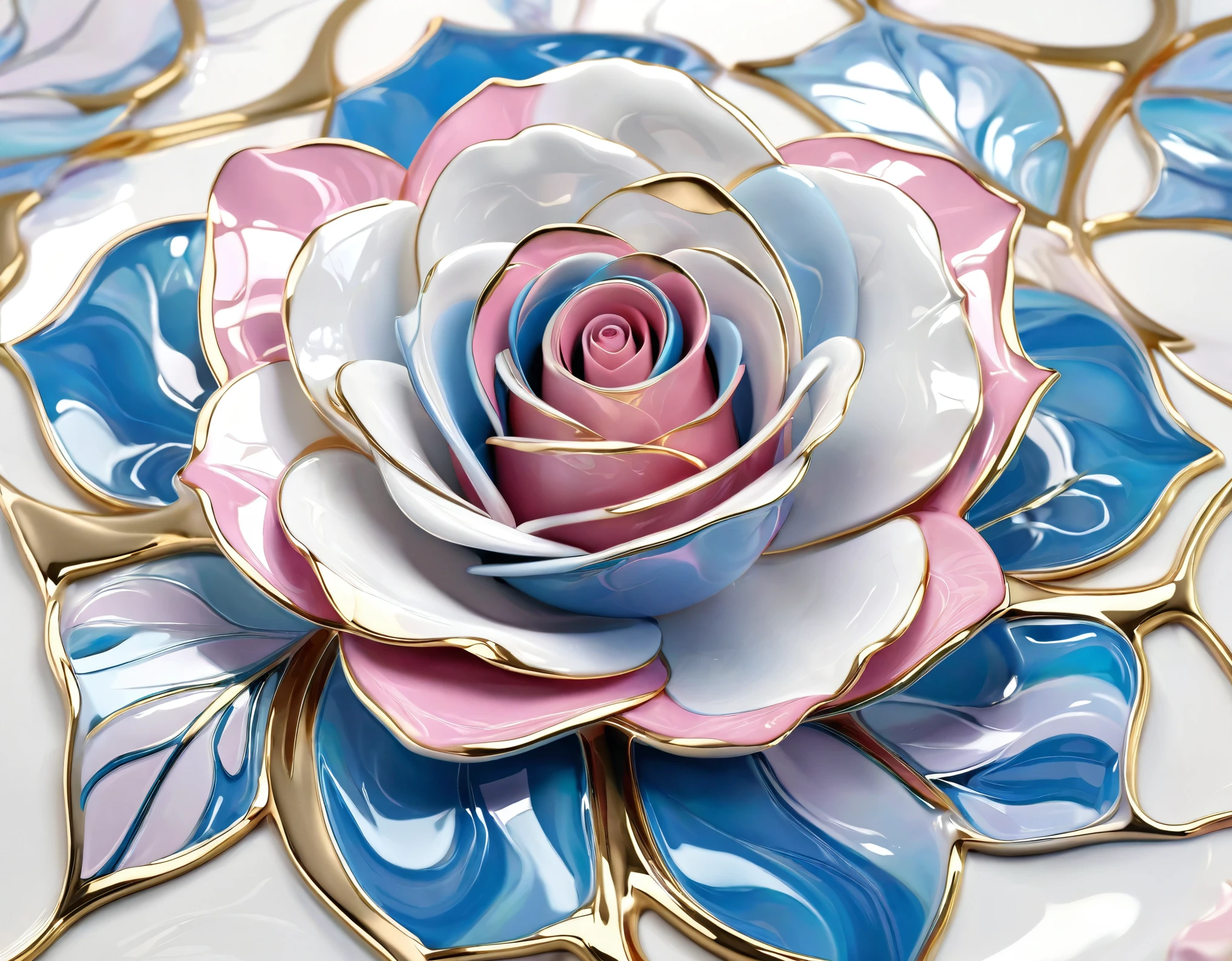 A magnificent work of art: a rose surrounded by a leaf pattern, on a white background in soothing white, blue and pink tones with a thin gold stripe along the edges of the petals. 3D illustration, ceramic style, glossy reflective surface, smooth and shiny, flowing shapes, abstract creativity, porcelain expressionism, exquisite design,Xill,blingbling