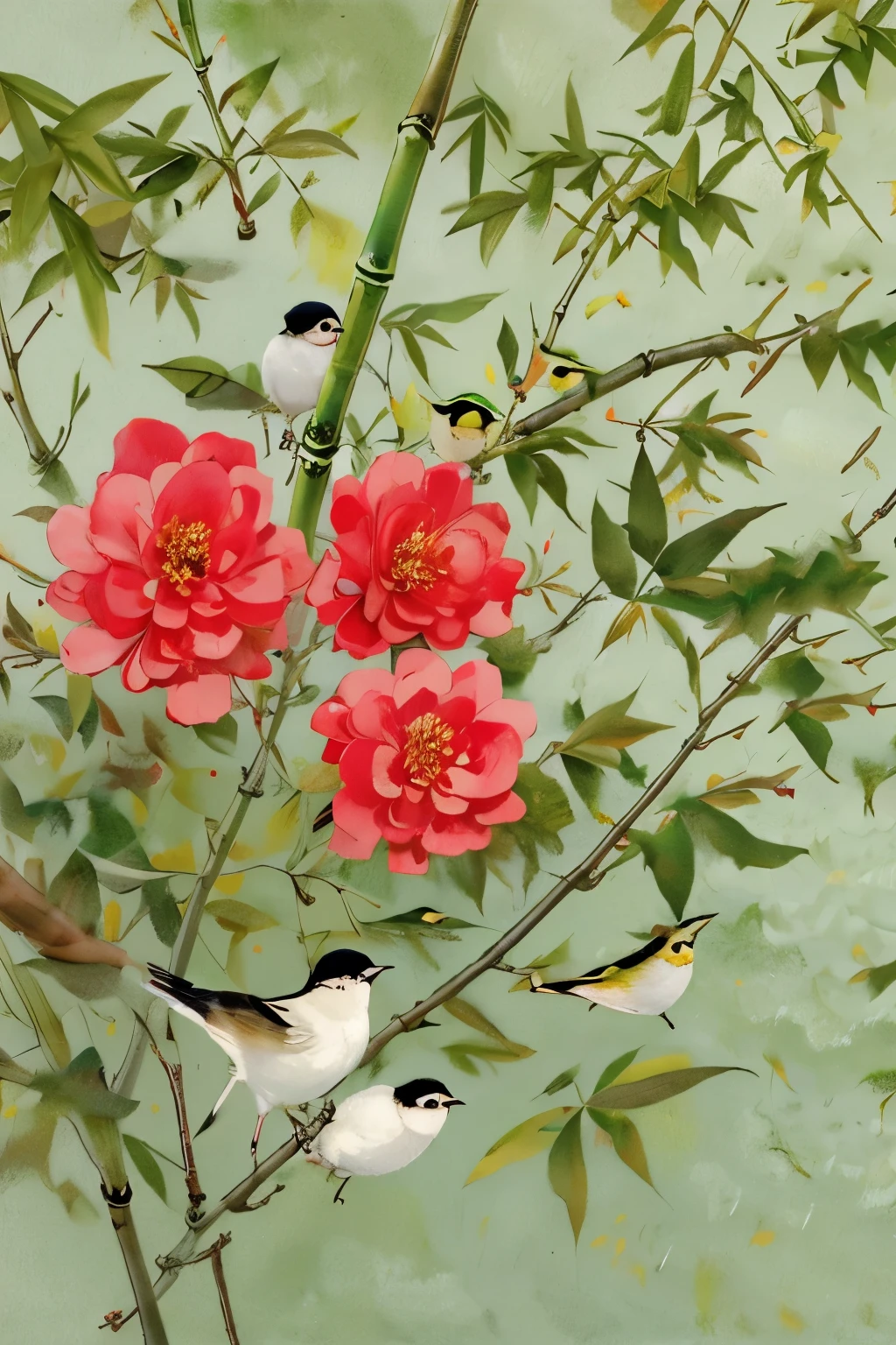 (((masterpiece))),best quality,Correct scale,masterpiece,best quality,ultimate detail,illustrations,ultra high definition,ultra detail,8k resolution,ultra high resolution,best image quality,high detail,master's masterpiece,detailed filling,shuicai,bird,flower,no humans,leaf,branch,solo,bamboo,birds,