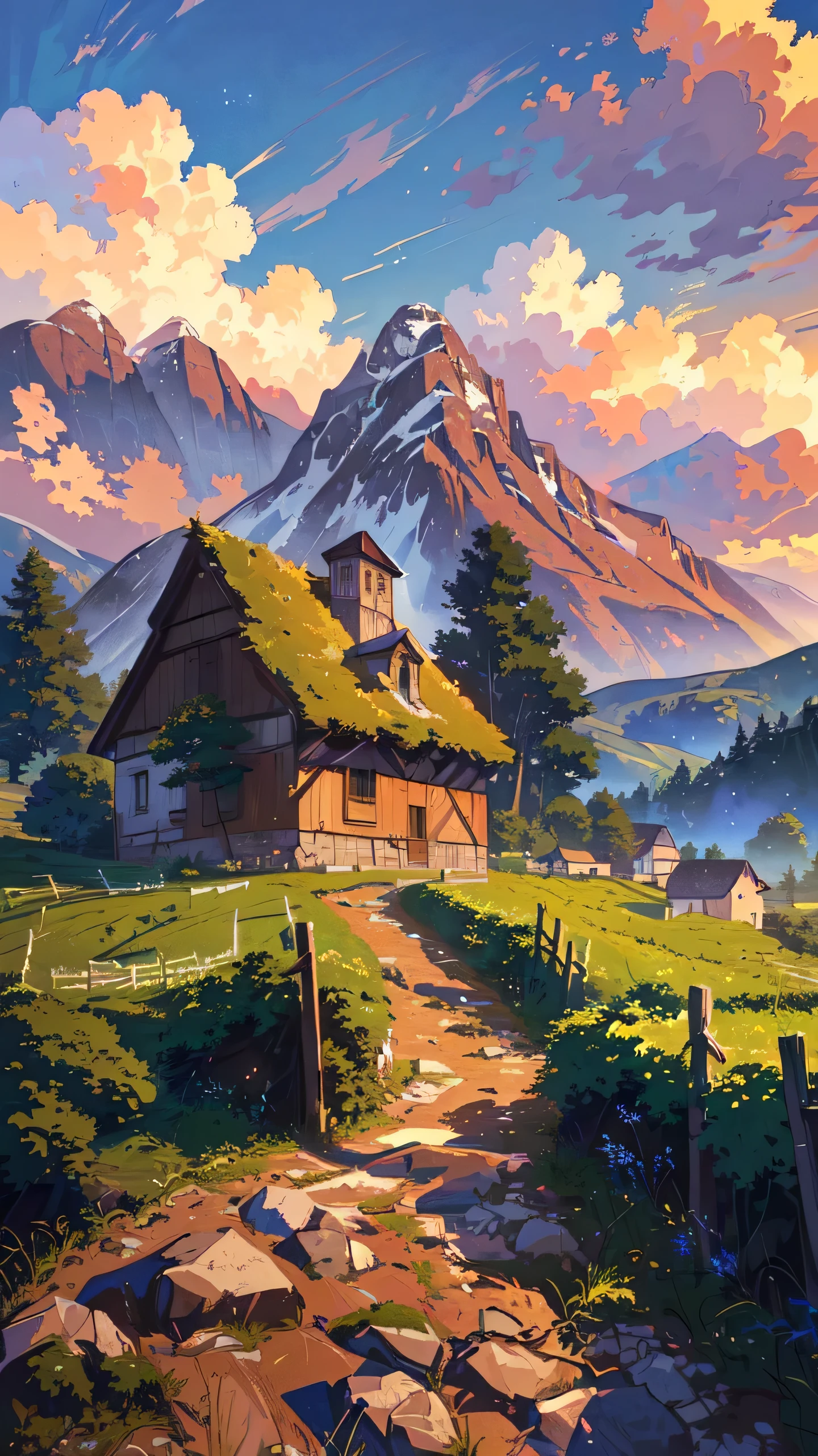 painting of a rural scene with a house and a mountain, anime countryside landscape, by Franz Hegi, detailed painting 4 k, 4k highly detailed digital art, silvain sarrailh, 8k high quality detailed art, detailed scenery —width 672, andreas rocha style, beautiful art uhd 4 k, scenery artwork, amazing wallpaper