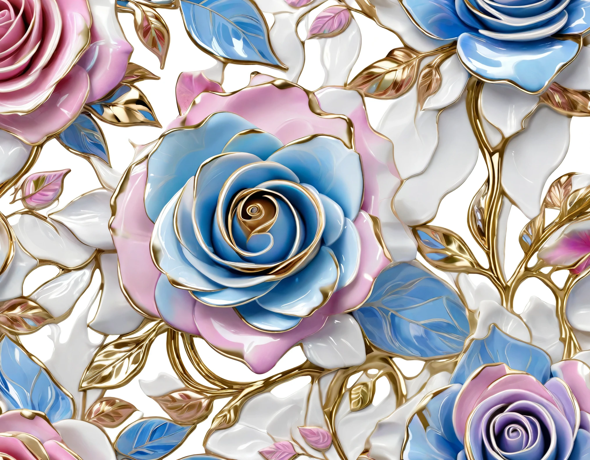A magnificent work of art: a rose surrounded by a leaf pattern, on a white background in soothing white, blue and pink tones with a thin gold stripe along the edges of the petals. 3D illustration, ceramic style, glossy reflective surface, smooth and shiny, flowing shapes, abstract creativity, porcelain expressionism, exquisite design,Xill,blingbling