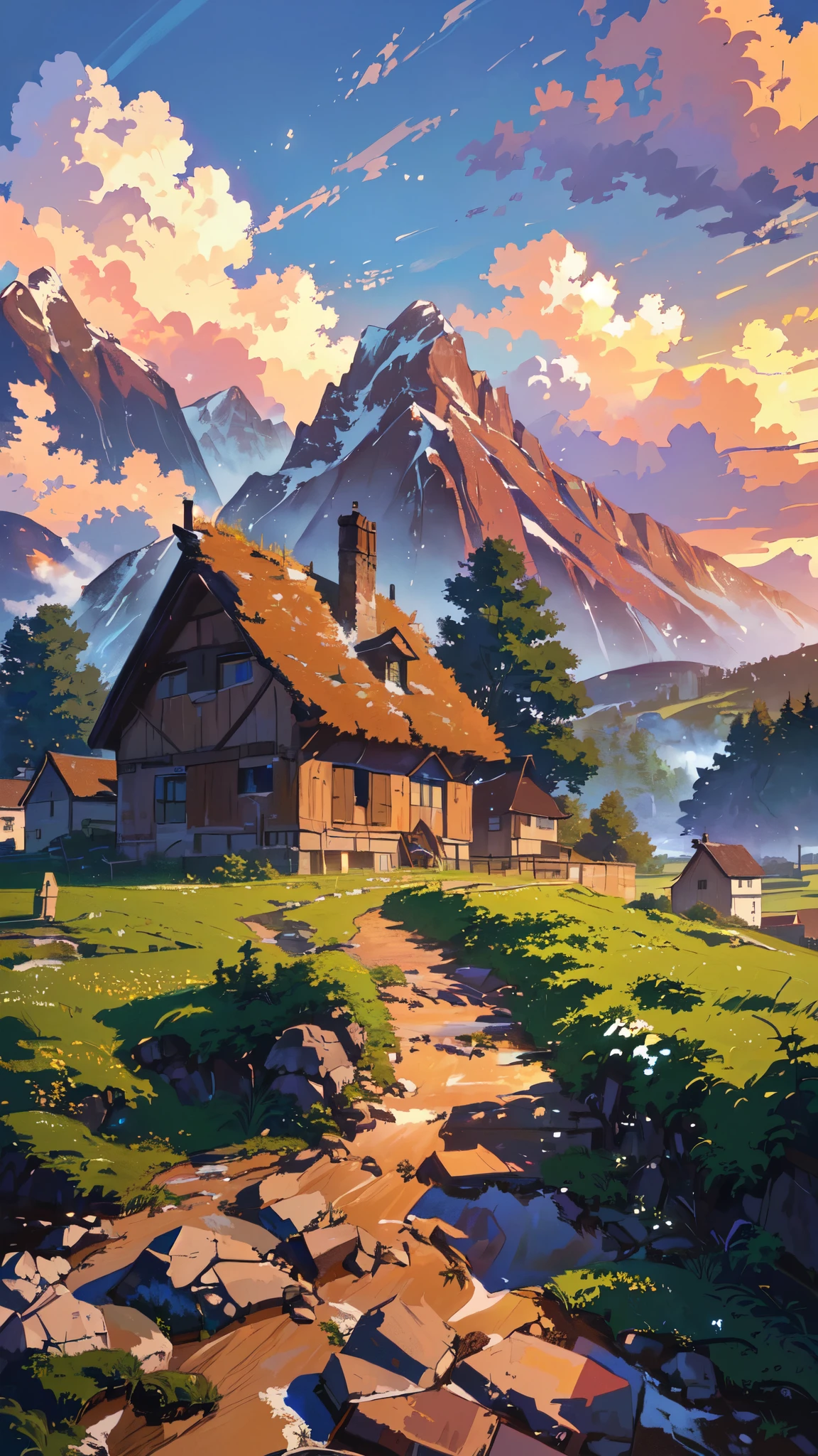 painting of a rural scene with a house and a mountain, anime countryside landscape, by Franz Hegi, detailed painting 4 k, 4k highly detailed digital art, silvain sarrailh, 8k high quality detailed art, detailed scenery —width 672, andreas rocha style, beautiful art uhd 4 k, scenery artwork, amazing wallpaper