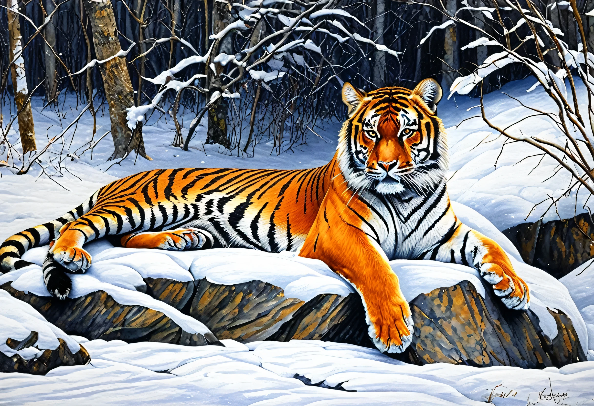 painting of a Tiger laying on a rock in the snow, Wild Animal Illustrations, Highly detailed painting, ultra Realistic illustrations, Highly detailed painting, In a detailed painting of gouache, Animal Paintings, Beautifully detailed animals, Highly detailed 4K painting, ((Tiger)), Detailed acrylic painting, a Tiger, Very realistic, Realistic illustrations, Very fine fur, Ultra-detailed painting