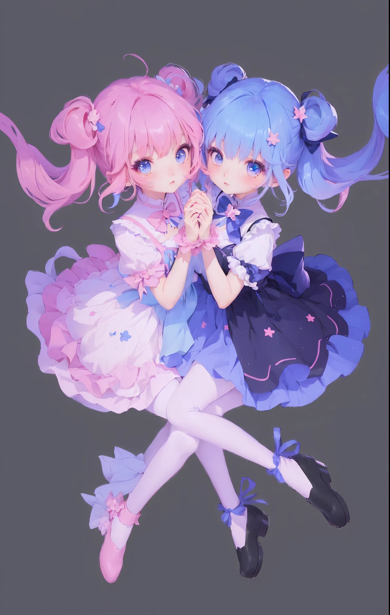 Pink Hair、Blue Dress、Anime girl holding a black bag, Pink and blue, Blue and pink, Double tail, Cute anime, anime girl, Magical girl, 粉色Double tail头发和青色眼眸, Anime style, portrait of Magical girl, Stylized anime, Zero Fashion Art, Lovely art style, two beautiful anime girl, Pink and blue colors