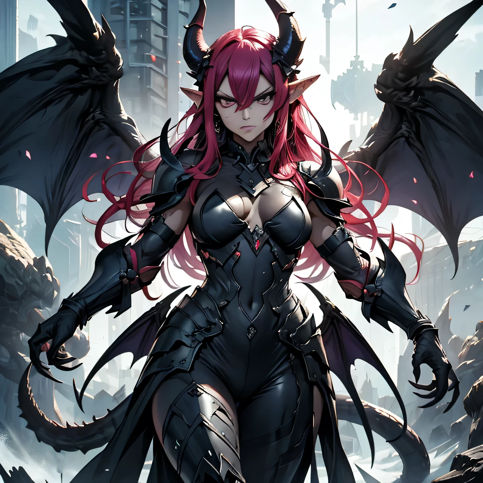 (Demon woman), mature, very angry face, long fangs, diamond face, demon tail, wings, strong shadows, (neon light), neon, naked, detailed face, (aggressor), detailed abs, purple eyes, pose war, long claws, (Masterpiece), Direct light, illuminate, strong jaw, red hair, large, (demonic queen), (lewd armor), thick thighs, long torso, wide waist, skinny torso, adapt, face perfect, (tiny armor), (vibrant and colorful light), futuristic