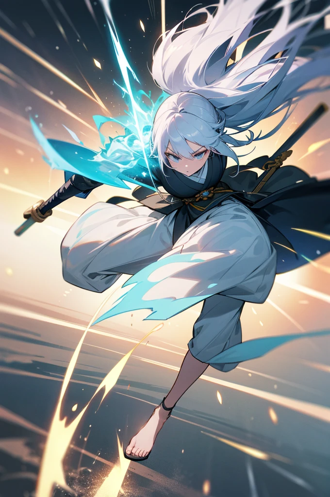Weapon Spirit、It has depth、There is momentum、Full body cut、There is movement、Exciting Momentum、Powerful、woman、Wind expressed as a particle effect、Shiny、Japanese style、His hands are swords