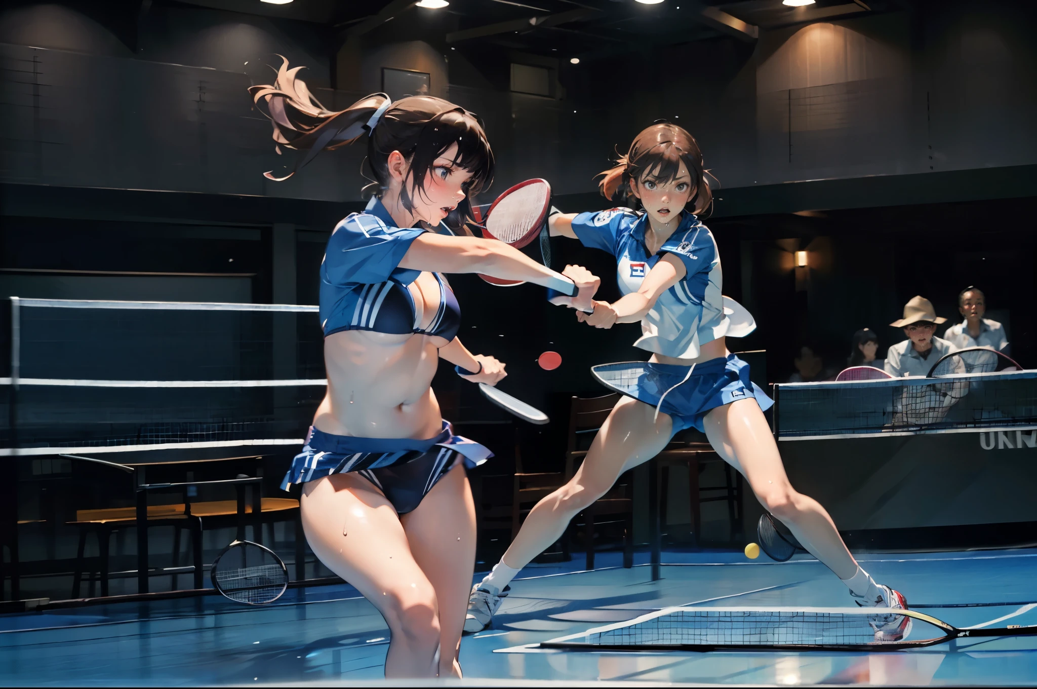 (super flat, flat shading), Honors Type, Really blushing, , (Table tennis Match:1.5), 2girls, (fighting:1.5), wearing (high-cut bikini uniform:1.5), wedgie:1.5, cameltoe:1.7, sports shoes, ponytail brown hair, sweaty healthy body, soaking wet full body with lotion and sweaty, bare legs, navel, ultra realistic, breeze, in crowded public room,