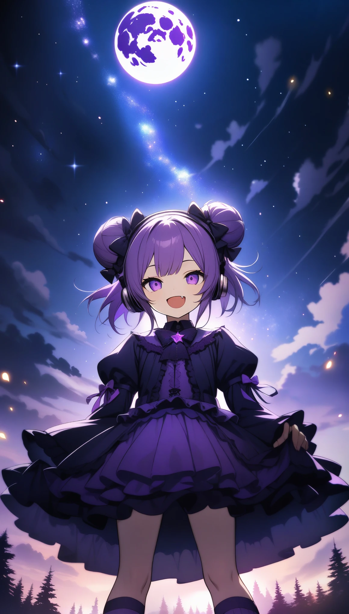 32k, best quality, ultra high res, HDR, UHD, extremely detailed CG, unity 32k wallpaper, (((hight quality))), (((high-level image quality))), (((smile))), (((purple gothic lolita))), (((full moon))),  (((hight quality starry sky background))), (((purple hair))), (((double bun_head))), (((purple eyes))), ((())), (((purple over knee socks))), (((fang))), ((headphone)), 