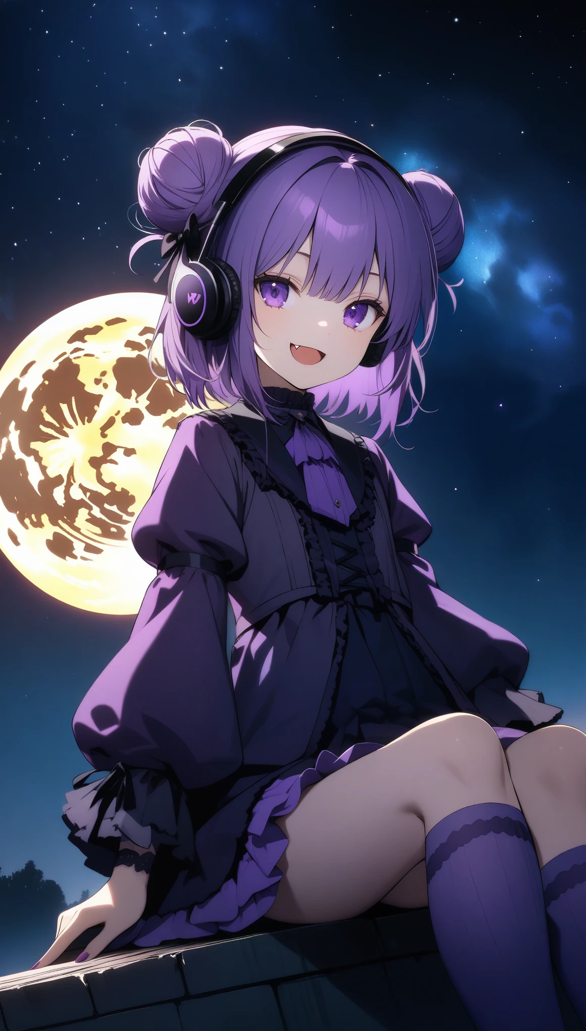 32k, best quality, ultra high res, HDR, UHD, extremely detailed CG, unity 32k wallpaper, (((hight quality))), (((high-level image quality))), (((smile))), (((purple gothic lolita))), (((full moon))),  (((hight quality starry sky background))), (((purple hair))), (((double bun_head))), (((purple eyes))), (((16 years old))), (((purple over knee socks))), (((fang))), ((headphone)), 