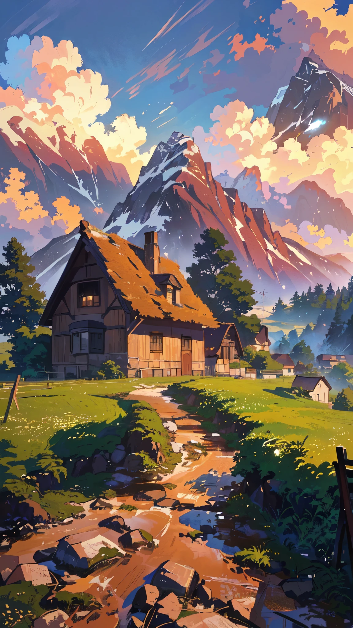 painting of a rural scene with a house and a mountain, anime countryside landscape, by Franz Hegi, detailed painting 4 k, 4k highly detailed digital art, silvain sarrailh, 8k high quality detailed art, detailed scenery —width 672, andreas rocha style, beautiful art uhd 4 k, scenery artwork, amazing wallpaper