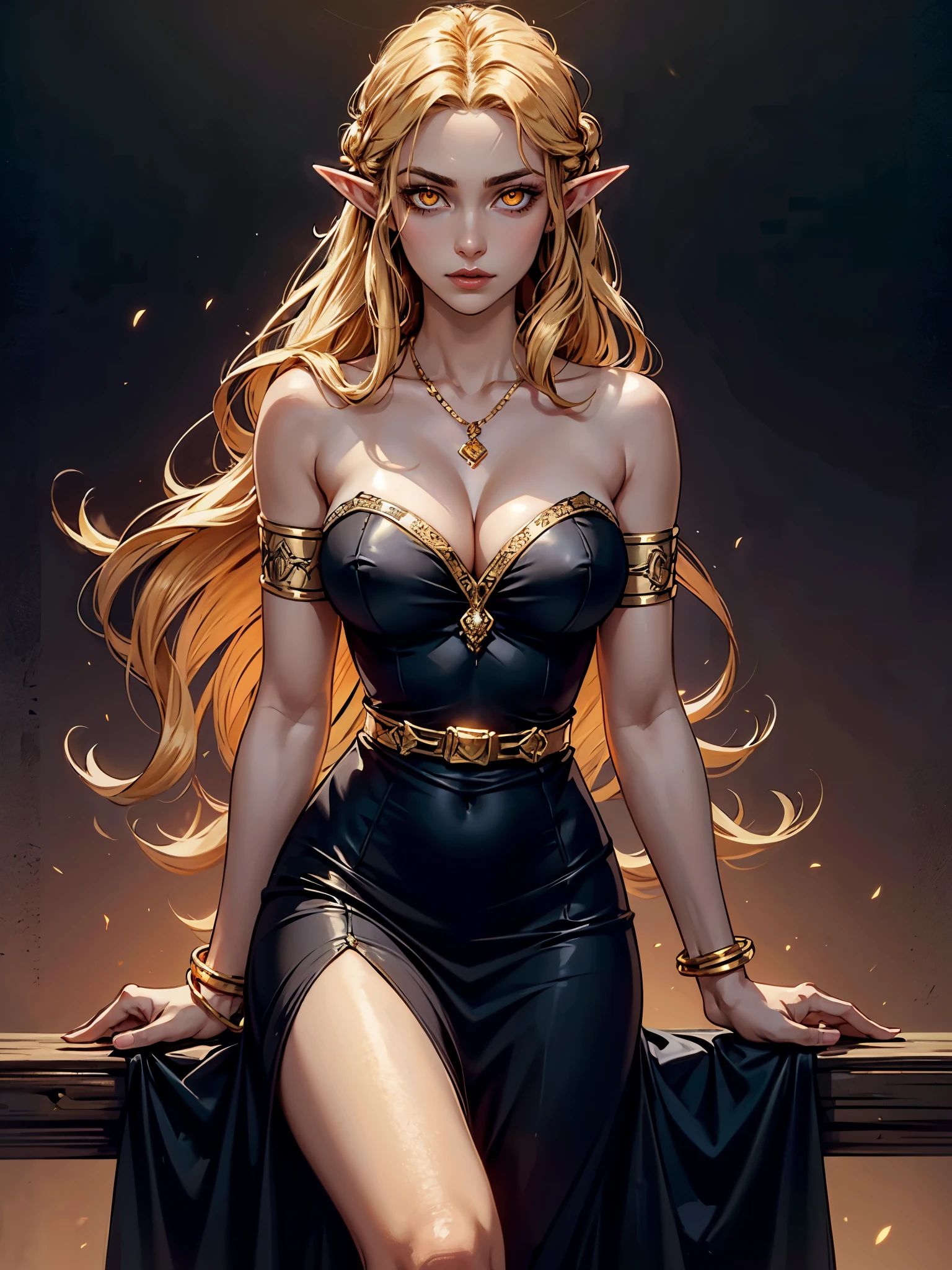 masterpiece, highest quality, delicate and elegant woman, gorgeous lighting, breasts, jewelry, bracelet, armlet, necklace, long blond hair, bare shoulders, large breasts, black dress,  gold chain, looking at viewer, revealing, flowing hair, golden hour,  glowing orange eyes, elf, short ears