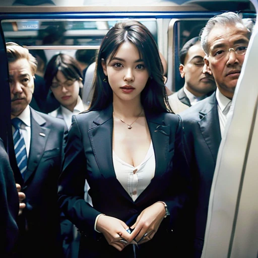 tifa lockhart、wearing coat. Coat loose opened, undressing nude breasts and nipples, showing breasts, white thick cement melting in the breasts, wet body, (Inside a crowded train:1.8)、(many passengers:1.8)、(surrounded by many businessmen:1.8)、(The businessman next door is closely following:1.7)、(The businessman in the back is close up:1.6)、(Inside a very crowded car:1.8)、capture full body photo shot.