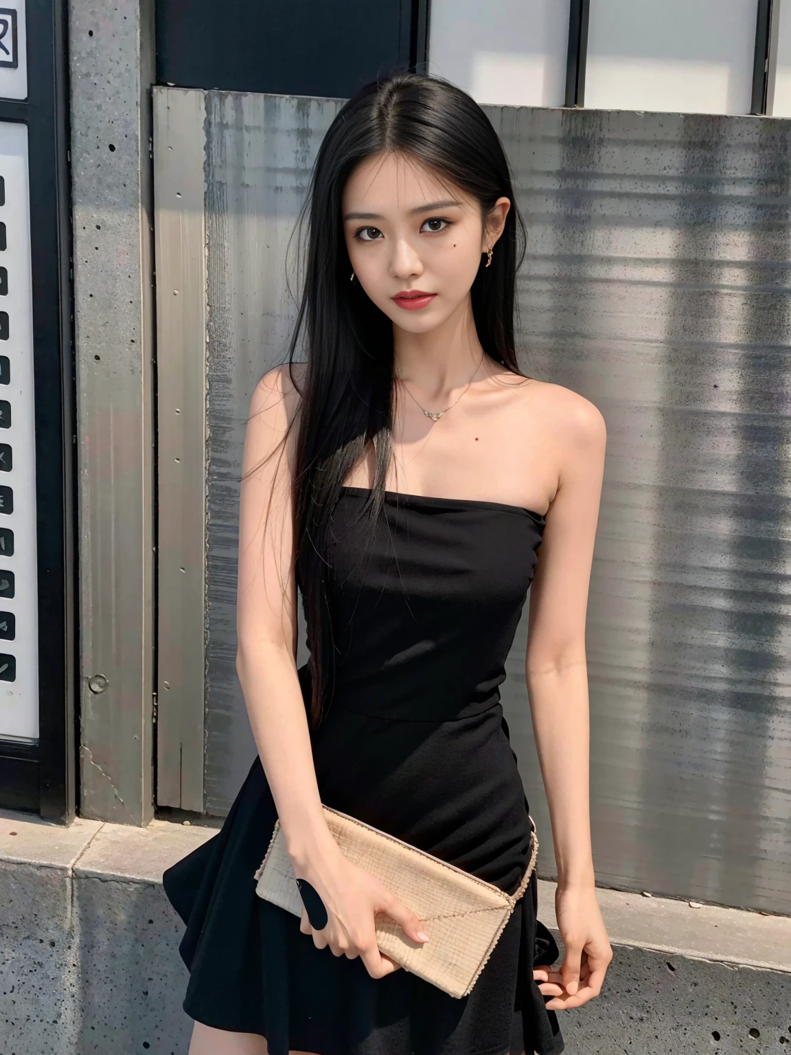 Woman in black dress standing on street corner, Bandeau dress, Chinese Girl, anime girl wearing black dress, she has black hair,By Bangs, Wearing a black camisole vest,black hair, mole under eye, makeup, cowboy shot, Sony FE GM, highres, high quality, high details, textured skin, UHD