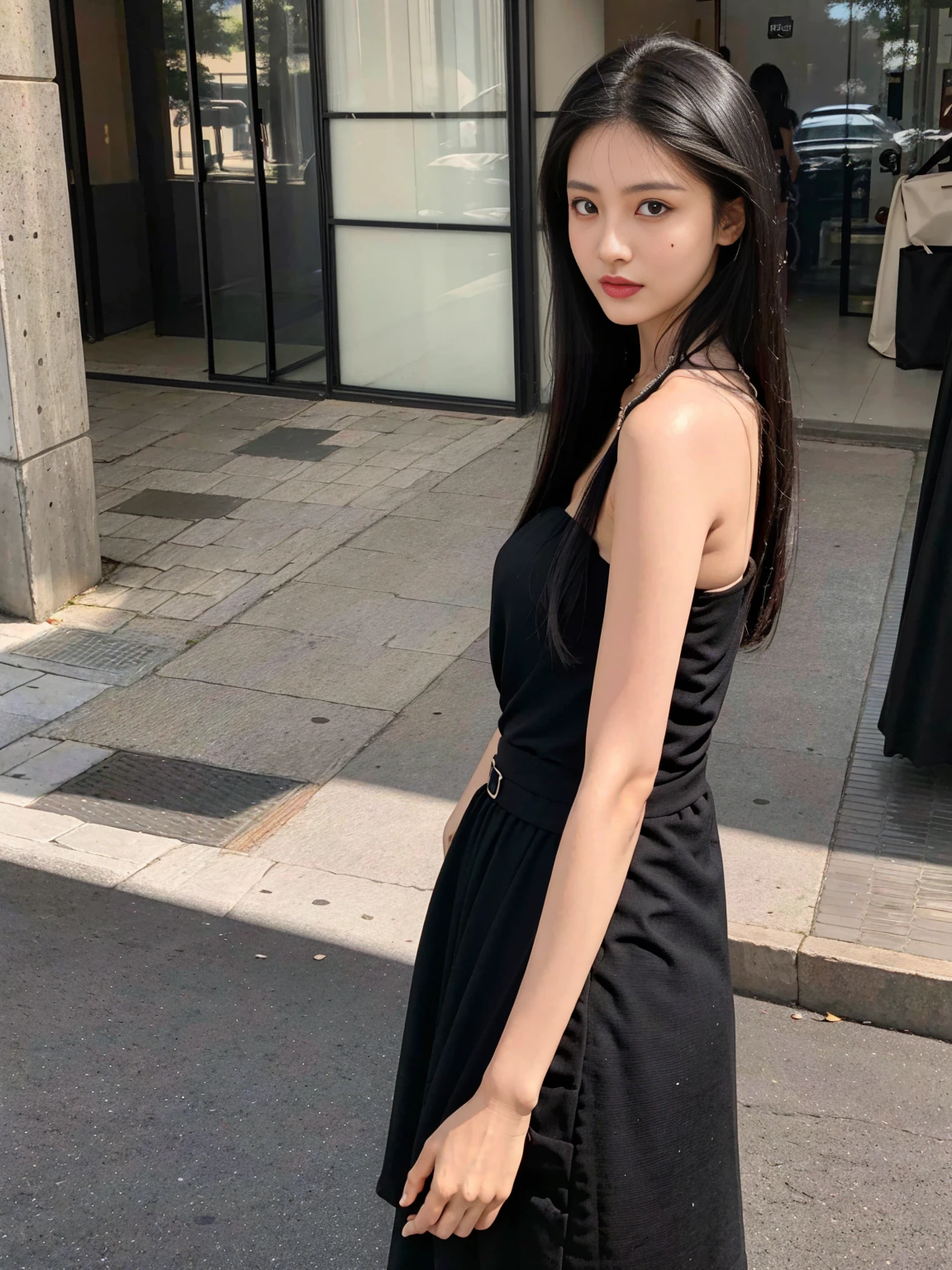 ((Best image quality, 8k, masterpiece: 1.3)), Selfie, Sharp focus: 1.2, A cute beauty with a perfect slim figure: 1.4, Slim big tits, ((Brown Hair Black)) , (small sleeveless dress，Highly detailed face，Happy expression，Stand on your own two feet：1.2），（（City of blue sky and white clouds，At the cafe：1.3. Produced mainly by women）），Highly detailed faceと肌の質感，Detailed eyes，double eyelid