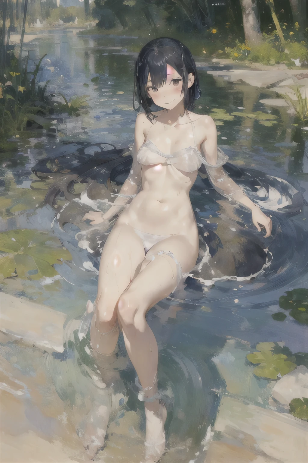 absurd , high resolution, Super detailed, (:1.3), Big Breasts,Happy, Sundress, Ink Cap, Mary Jane Shoes, Rich gradients, Extreme colors, Extreme details, Clear light perception, butt, (many, Impressionism, painting), Anime Characters, Open your legs,Fluid between thighs、flowing liquid,Exposure、Disheveled、Clothing that fits snugly,Chest contour、(((Wet clothing))),Tube Top,(((Ultra-thin clothing))),(Body model),((Flesh outline)),Grinning, blush,Hyperactive expression,