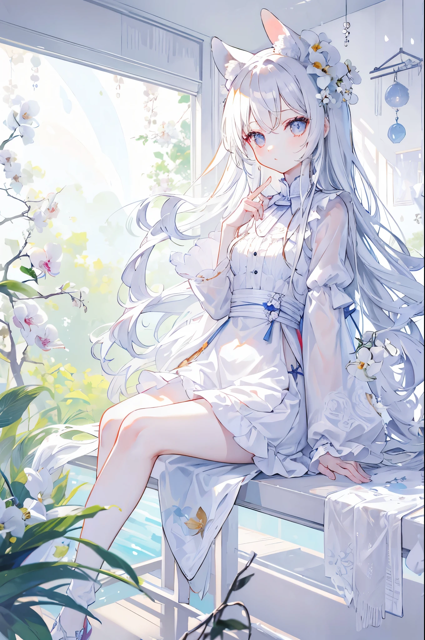 long hair, waist length, white, orchids, sitting, looking out the window, not looking at viewer