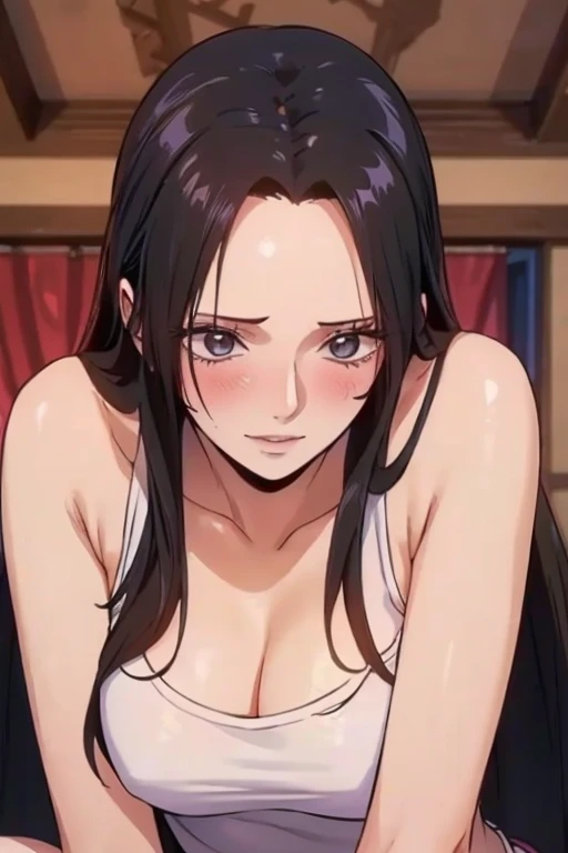 best quality, masterpiece, highly detailed,1girl, Boa Hancock, , (masterpiece:1.5), Detailed Photo, Smiling, Sexy, (8K, Best Quality: 1.4), (1girl), Beautiful Face, (anime realistic Face), (Black Hair, long Hair: 1.3), Beautiful Hairstyle, Realistic eyes, beautiful detail eyes, (white skin), beautiful skin, absurd, attractive, ultra high resolution, ultra realistic, high definition, golden ratio, (sexually aroused:1.5), Pinkish white skin, cool white light, sexy pose, Beautiful , white background, pink soft white light, Wear a white tank top