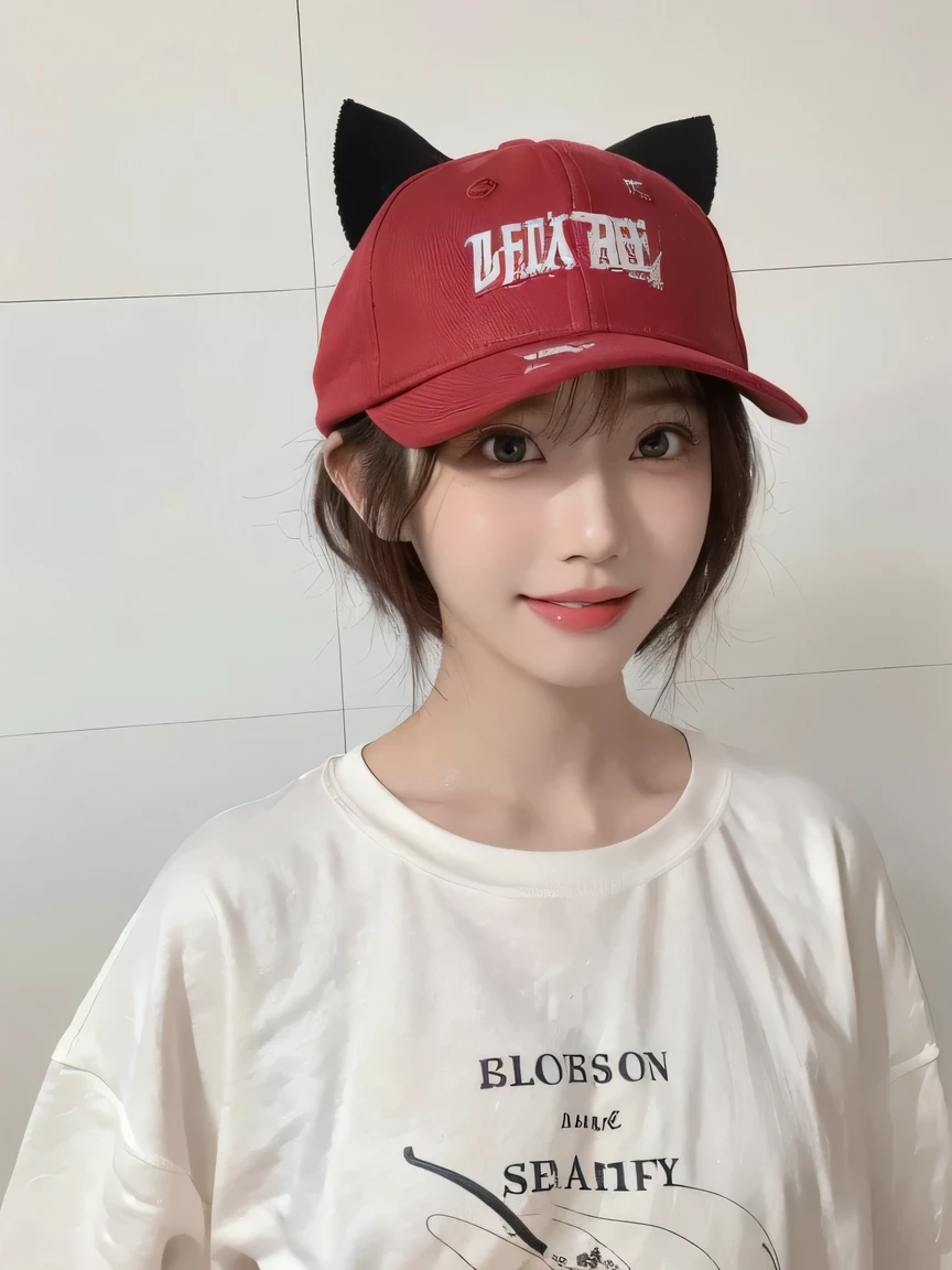 Best image quality、original photo、ultra high resolution、21 years old Korean、small breasts、dynamic angle、Cowboy shooting、The most beautiful form of chaos、elegant、Innovative design、bright colors、,light brown short hair、disheveled hair、light brown eyes 、black baseball cap(Facial expressionSmile)、short bob、Smile、Fair and shiny skin、beautiful eyes,random colors、The details are very beautiful、thin lips、Delicate and beautiful eyes、elongated eyes、Pale pink cheeks、long eyelashes、beautiful double eyelids、eye shadow、he、White Large T-shirt Sweatshirt、baggy pants、Shot from the side、sexy pose、enlarge
