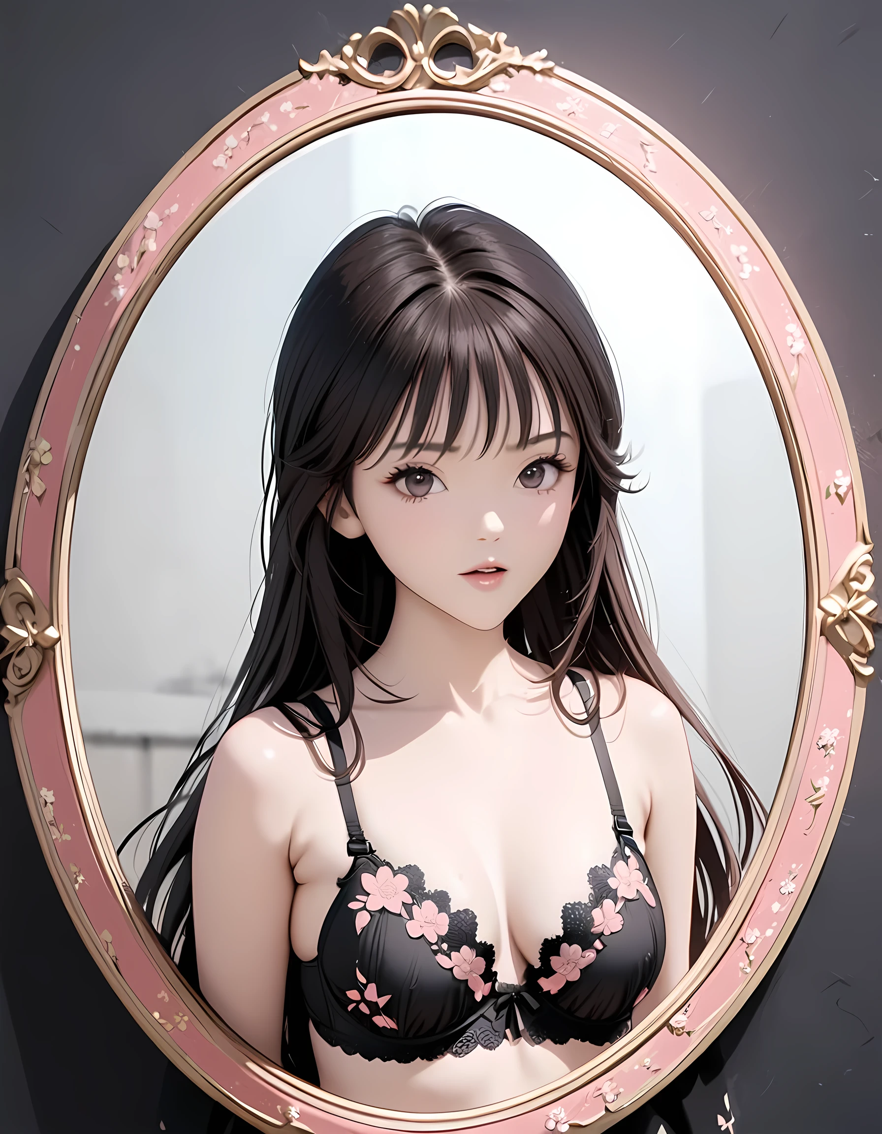 1 GIRL.Slender, Japanese idol,blackstraight long hairCreate an image featuring a lingerie set with a (3/4 cup bra) intricately designed with a white base and overlaid with black lace detailing and vibrant pink floral embroidery. The bra should have delicate lace edging and adjustable straps, paired with (G-string panties) that mirror the bra's embroidery and lace design, providing a minimalist yet elegant look with side strings.,,Masterpiece, live action, 8K, realistic,