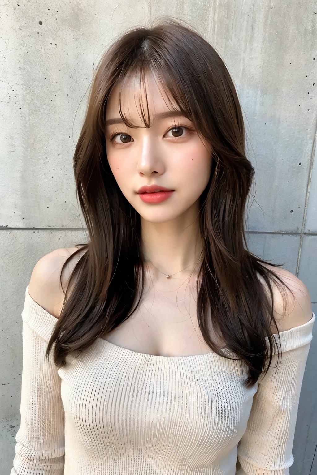 highest quality, 1 Beautiful Woman, 28 years old, 35mm lens,, Cowboy Shot, Concrete Background、Mortar style background、Open-neck knit、light brown、Mortar wall,From below、Straight hair、Straight hair、Shiny Hair,Silky Hair、Slender body