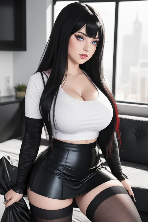 masterpiece, gothic aesthetic, dream atmosphere, ultra realistic, 16k, best quality, absurdres, perfect anatomy, 1girl, goth brunette, voluminous silky hair, cute hair fringe, goth makeup, realistic bright eyes (intense look), pale-white skin (highlighted), realistic shading, solo, Caera, red eyes, black t-shirt, small natural breasts, large hips, thick thighs, thick legs, black mini skirt, tights (realistic textures), pretty seductive, upper body, beautiful girl, happy, inside a neon (modern) house, different poses at different angles, blurred background, cinematic, Photorealistic.