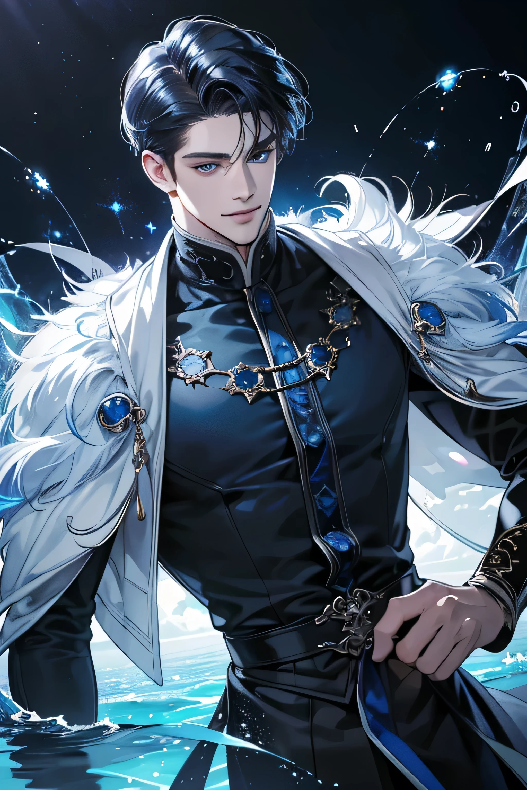 {(best quality, 8k, masterpiece, HDR, soft lighting, perfect image, digital illustration, manhwa art, hyper detailed image, perfect lines, realistic)} 1 very handsome man, short dark blue hair, ocean blue eyes, luxurious clothes (imposing posture, smiling), {(black background with blue sparkles)}