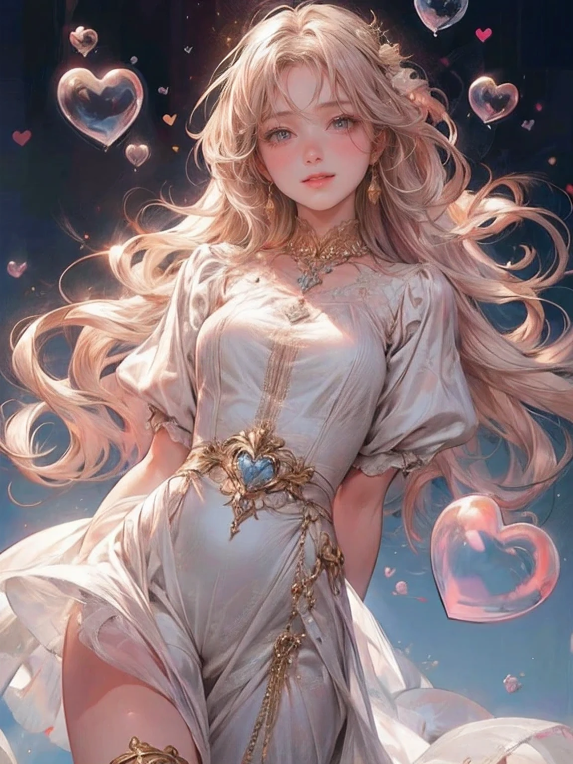 masterpiece:1.2, highest quality, 16k, highres, ultra-realistic:1.37, beautiful detailed:1.2, beautiful woman, standing, beautiful posing, bubble, heart shape bubbles:1.5, Countless bubbles (heart shape:1.2, vibrant colors), bubbles of various sizes, bubbles:1.2, too many bubbles:1.2, happily smile, beautiful delicate(hair, face, long eyelash, eyes, pupils, lips, knee, anklet, bubbles), sparkling eyes, shining rosy lips, blushed cheek, through bangs,