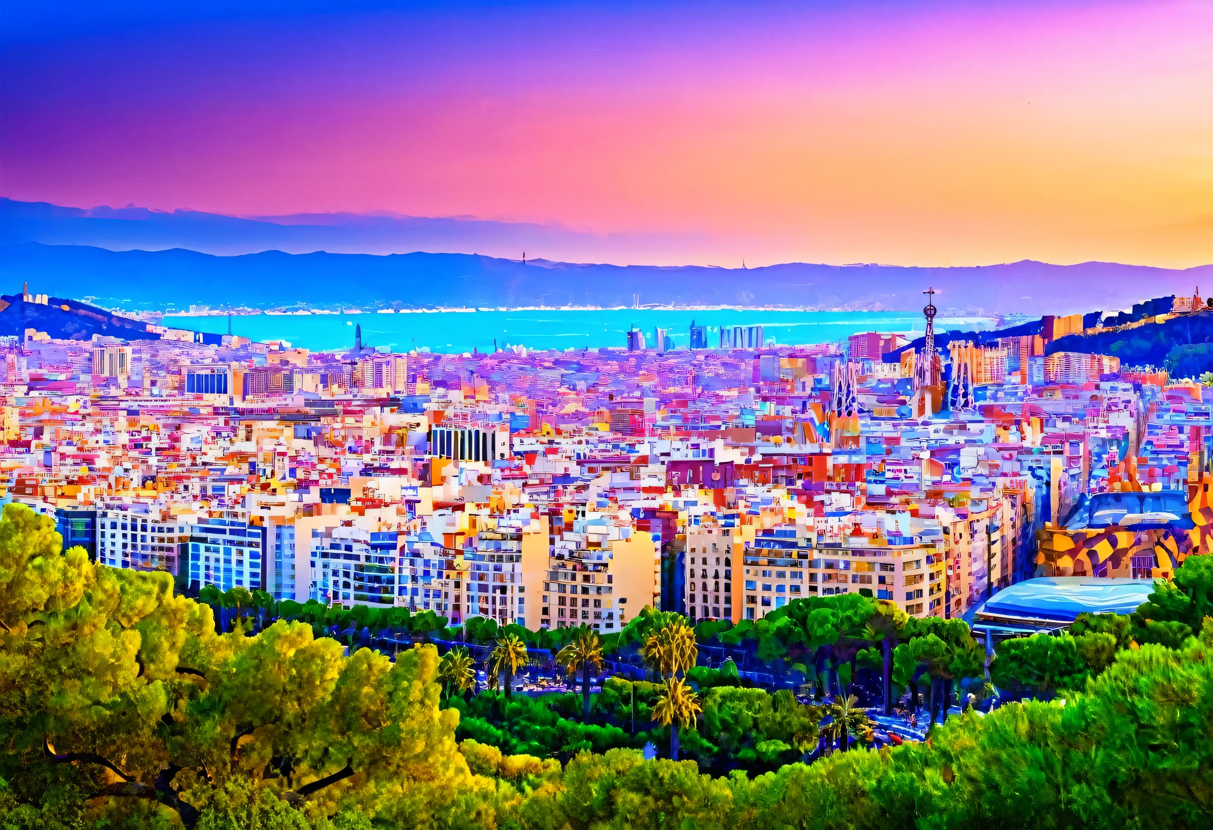 a View of Barcelona from park gueller at sunset, Gaudi's Mosaics, Shutterstock, Art Nouveau, Barcelona, in Barcelona, city of pristine colors, colorful tiled architecture, Vibrant and lively, Beautiful City, Colorful painting, Beautiful high resolution, ( Visually stunning, Vivid and stylized, colorful city, View, Vivid and vibrant, flashy