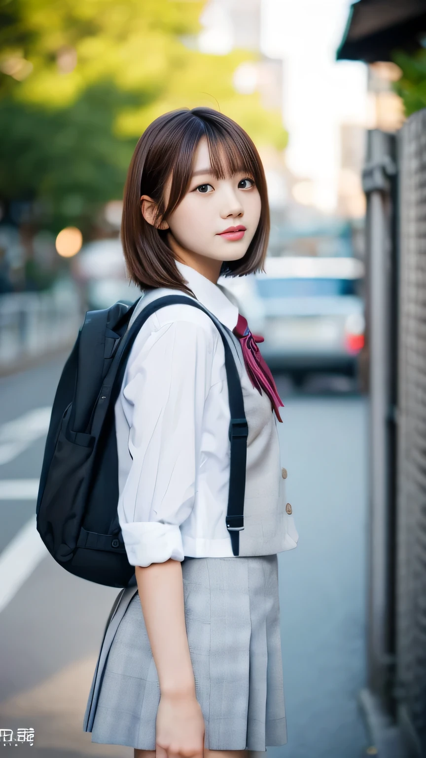A girl named Kasumi, full body, standing, Short Hair, Brown Hair, 23 years old, Slender, cheek bulge, subjective perspective, Soft Flare, f/1.8, 135mm, Fujifilm, UHD, retina, masterpiece, ccurate, anatomically correct, textured skin, super detail, high details, high quality, best quality, highres, 1080P, HD, 4K, 8k, school wear