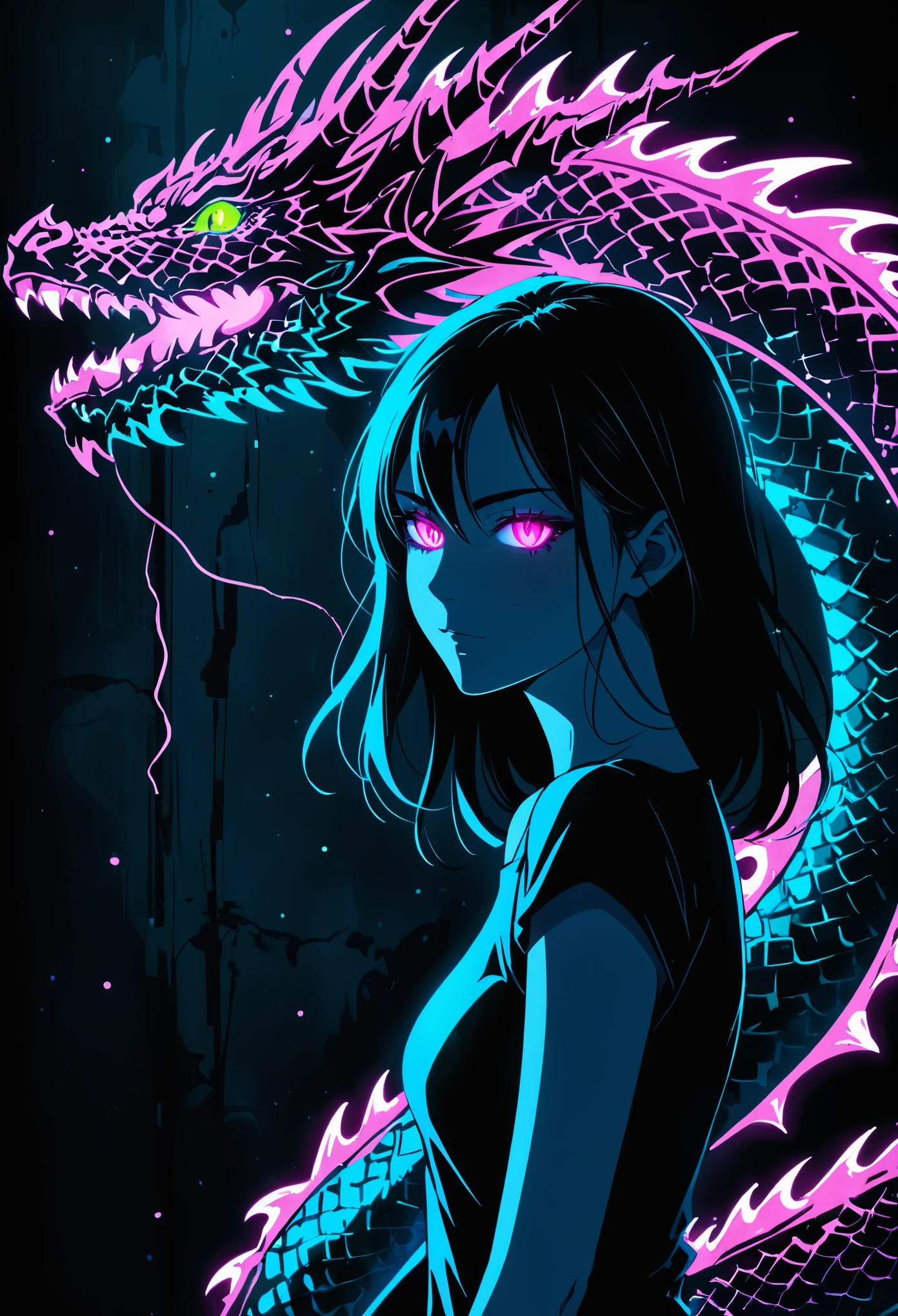 artist by Megan Hess,(blue fluorescent Graffiti of mysterious dragon :2.0),indoor,Fluorescent illumination, (Darkness shrouded, black background, shadow, extreme darkness, Dark atmosphere:3.0),Wall background,black background,silhouette,shadow,extreme darkness,Minimalist graffiti style background,Fluorescent pink eye graffiti,Dark atmosphere,cowboy shot,1girl,(shortest Short shirt cutting1.8),huge Breast,long nipple,nipple embossment,underboob,blurred background,Blurred foreground,Pink fluorescent hair,Fluorescent pink eyes,Hand raised and touching hair,long hair,Messy hair, Low rise denim shorts,Over-the-knee boots,pink eye glowing,Ruined eyeshadow,Poker face