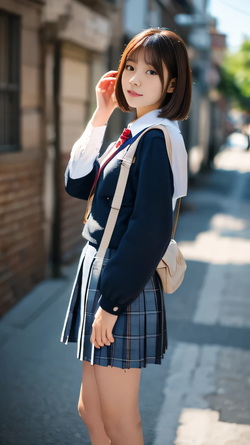 (masterpiece, top-quality, Hi-Res), A Japanese Lady,Late s、 1girl in, Idol cuteness:1.5, Beautiful face:1.5、bob、Dark brown hair、 Hair fluttering in the wind、Sense of cleanliness、perspiring、Girls' High School Uniform Autumn use, Carrying a student bag、独奏, Blue sailor color, Sailor collar, Serafku autumn use, a blue skirt, long-sleeve, Red ribbons,Beautiful Large Breasts, full bodyesbian,On the way to school、Run in a hurry、autumnal、Impatient、morning、