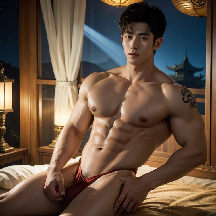 Chinese Men God, Mythology, Chinese odyssy, Handsome,, Topless, strong  Muscles Athlete body, top up Frame, Sexy, Professional Lighting, , Chinese Heaven Background, Bulge Underneathe Underwear, naked Warrior , God of handsome, naked  Male, , Seduce, Sex Appeals,  Alafard man  naked   ,, muscular body, handsome,  manly,  inspirite by Zhang Han, Cai Xukun, Kim Do-young, Inspired by Bian Shoumin, Inspired by Xiao Yuncong, yihao ren, yanjun cheng, jinyiwei, inspired by Huang Gongwang, xintong chen, sexy body belt, wearing japanese string brief ,  super long big dick masturbate, correct dick in good shape ,nice butts, bare butts, Tattoo chest,  tattoo hands,  tattoo arms,  tattoo belly, clear studio light, night ancient chinese Buddhism temple background,  detailed background, fantasy Chinese themed, the best resolution, 8k, Ultra fullHD, look at the viewer,  catching eyes, 
