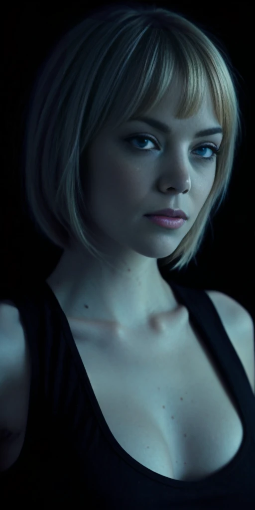 EmmaStone face, detailed, full lips, hair blond bob cut, big boob, large breasts, black tank top