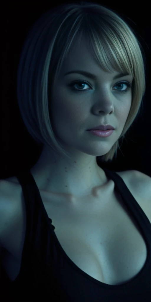 EmmaStone face, detailed, full lips, hair blond bob cut, big boob, large breasts, black tank top