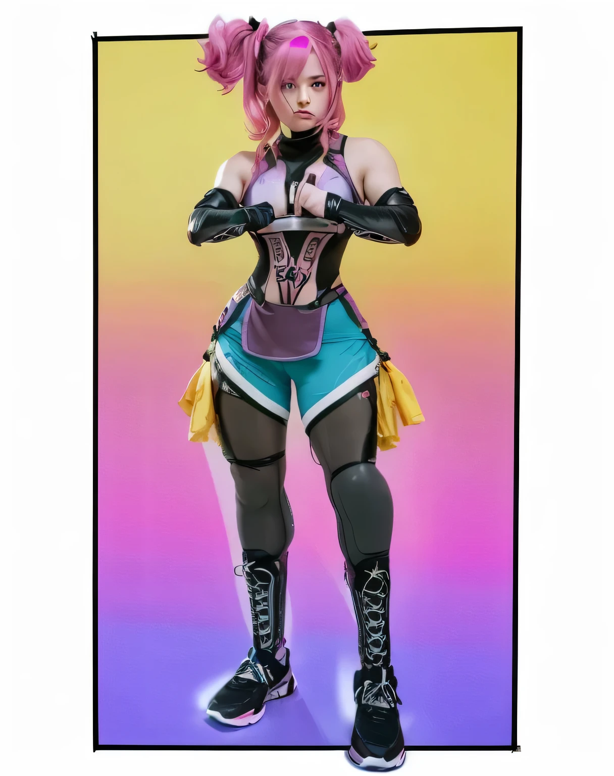 features on the face of a young woman, features of a European girl, blue eyes, freckles on the face, light complexion, fine features, upturned nose, full lips, small elongated face, large cheekbones,
Beauty athletic woman, pink hair. 4 pigtails in her hair, defiant attitude, sensual and muscular legs,