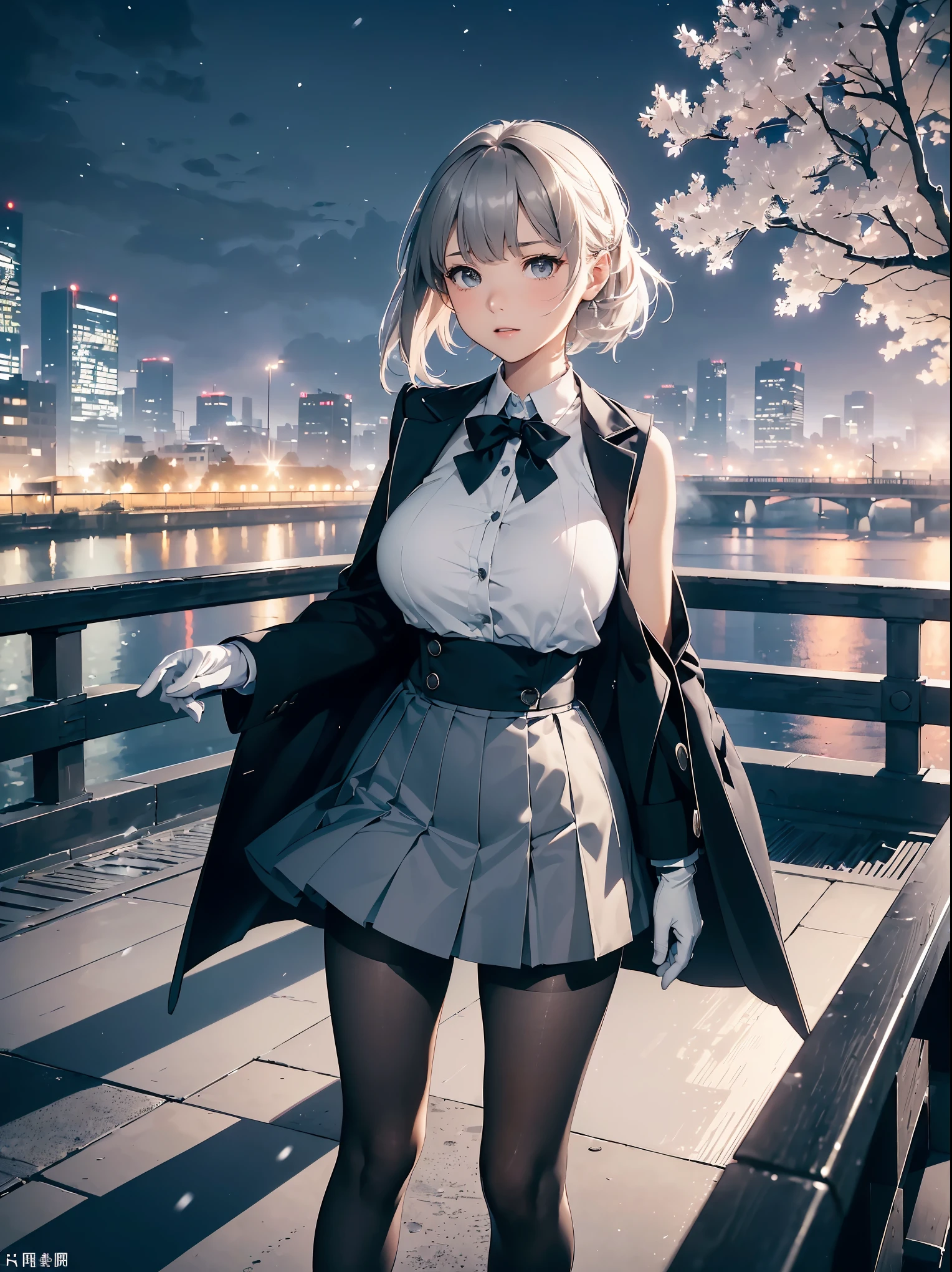 ((masterpiece)), ((top-quality)), (hight resolution:1.4), (extremely detailed CG unified 8k wallpaper),Movie Light Effects,(Near and far law),Ray Tracing, Beautiful lighting,(beautiful night scene:1.4),(projected inset),Midnight,midwinter,(cloudy ash sky:1.2),((In the midst of falling snow)),(from behind),((Snowflake),snow blowing,((Wear a long coat)),(Stand on detailed footbridge stairs:1.4),(Loud shouting gesture:1.4),((Put your hands on your chest)),Black pantyhose,f/2.8,35mm,((Detailed distant cityscape)),Residential area,condominium,apartament,looking at the city,serene ambiance.Pixie Cut,Hair in the ears,Profile of the character,1 cute high school girl,(large full breasts:1.2),Cute Uniform,Grey long skirt slit,sleeveless,Photorealsitic,Background Focus,Panoramic shooting,muffler,gloves