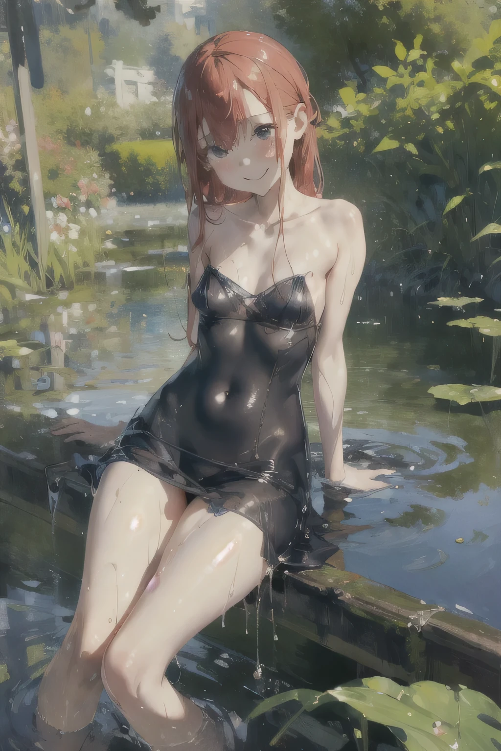 absurd , high resolution, Super detailed, (:1.3), Big Breasts,Happy, Sundress, Ink Cap, Mary Jane Shoes, Rich gradients, Extreme colors, Extreme details, Clear light perception, butt, (many, Impressionism, painting), Anime Characters, Open your legs,Fluid between thighs、flowing liquid,Exposure、Disheveled、Clothing that fits snugly,Chest contour、(((Wet clothing))),Tube Top,(((Ultra-thin clothing))),(Body model),((Flesh outline)),Grinning, blush,Hyperactive expression,