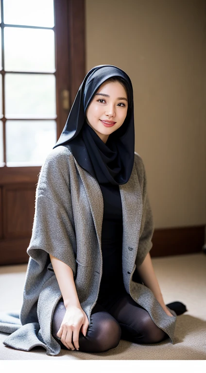 (1 Cute Korean Stars)Realistic photos 、Thin makeup、medium breast size、Wearing long Pashmina hijab, Wearing a coat、coat loose opened, showing nude breasts and nipples, no bra,super calvages, wearing black soes、Clear facial features、8K High Resolution、sharp and realistic details、From the outside、full body photo shot, dithering、nffsw、​masterpiece、Cinematic lighting, full body photo shot , sitdown in the cair, open leg, beside river, lustfull smile, seducting look 