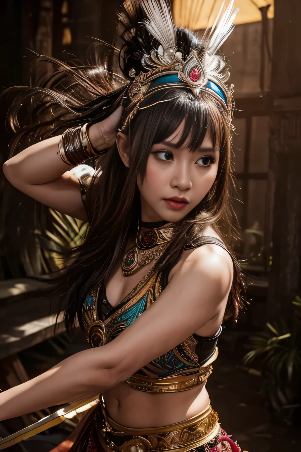 (best quality,4k,8k,highres,masterpiece:1.2),ultra-detailed,realistic,beautiful Indonesian woman warrior,expressive eyes,painted face,detailed warrior attire,intricate headdress,golden jewelry,dazzling sword,speaking power and strength,ancient traditions and culture,passionate and fearless fighter,commanding presence in the battlefield,mythical and mystical elements,rich colors of the Indonesian landscape,dramatic lighting,traditional Indonesian motifs,traditional weapons and armor,tribal markings on the body,graceful movements,warrior surrounded by lush tropical forest and exotic animals,embodying the spirit of the Indonesian warrior legends