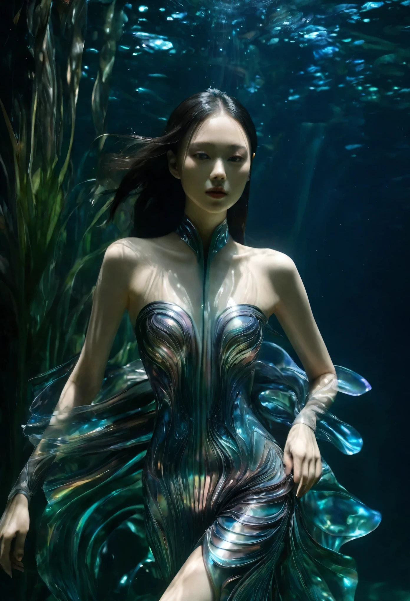 Aisian beautiful girl from underwater, iris van Herpen, sleek, fins, gills, darkness, iridescent, full length view,Xill