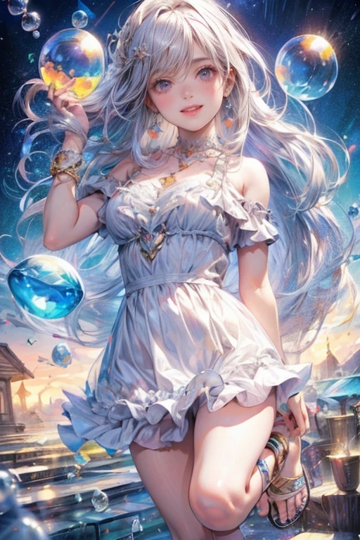 masterpiece:1.2, highest quality, 16k, highres, ultra-realistic:1.37, beautiful detailed:1.2, beautiful woman, standing, beautiful posing, bubble, heart shape bubbles:1.5, Countless bubbles (heart shape:1.2, vibrant colors), bubbles of various sizes, bubbles:1.2, too many bubbles:1.2, happily smile, beautiful delicate(hair, face, long eyelash, eyes, pupils, lips, knee, anklet, bubbles), sparkling eyes, shining rosy lips, blushed cheek, through bangs,