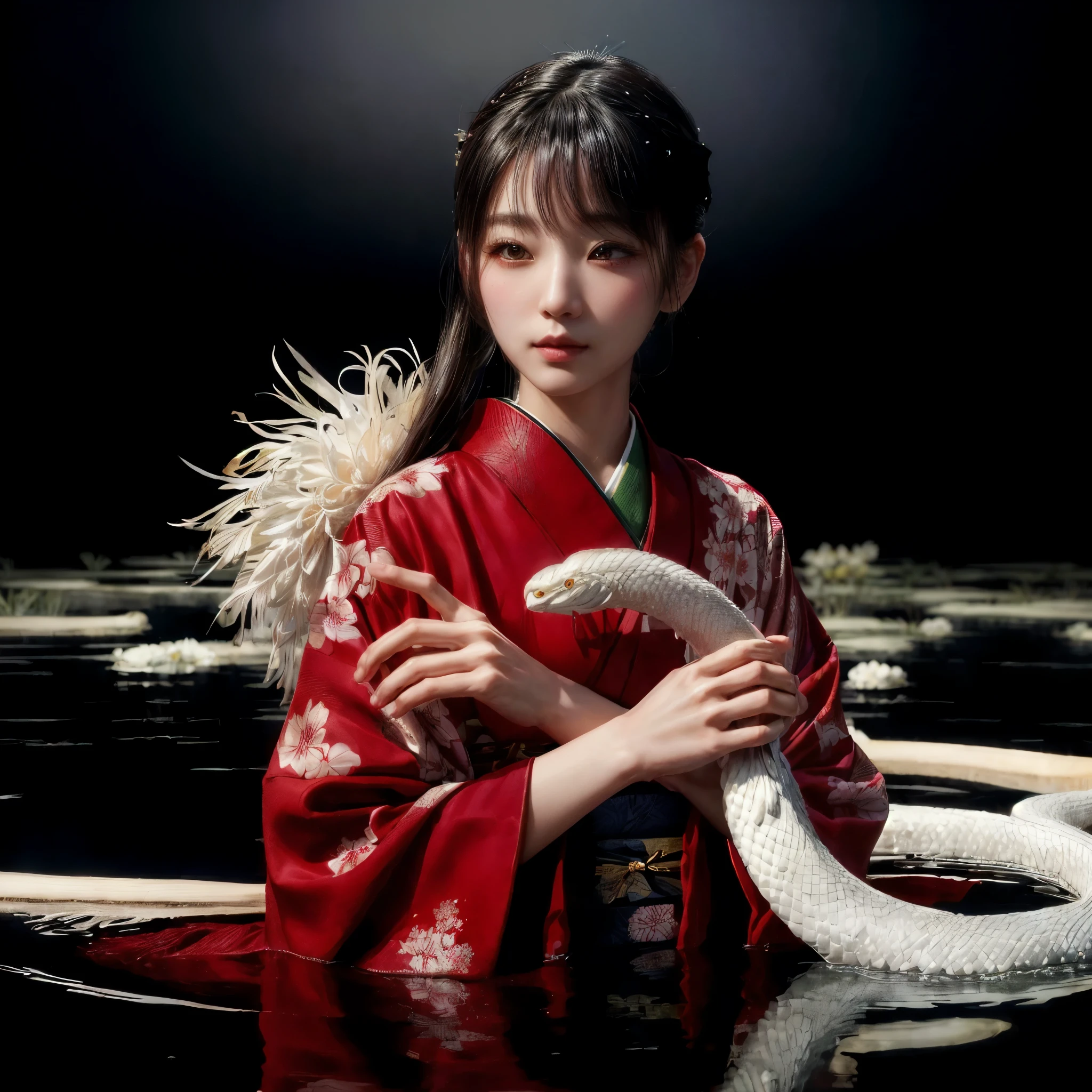 A woman in a kimono is holding a white feathered snake, chie yoshii, inspired by Kanō Naizen, Jinnah Chan, by Kanō Naizen, Kano Tanyou, by Torii Kiyomoto, takato yomamoto. 4k yen, Japonism 3d 8k ultra detailed