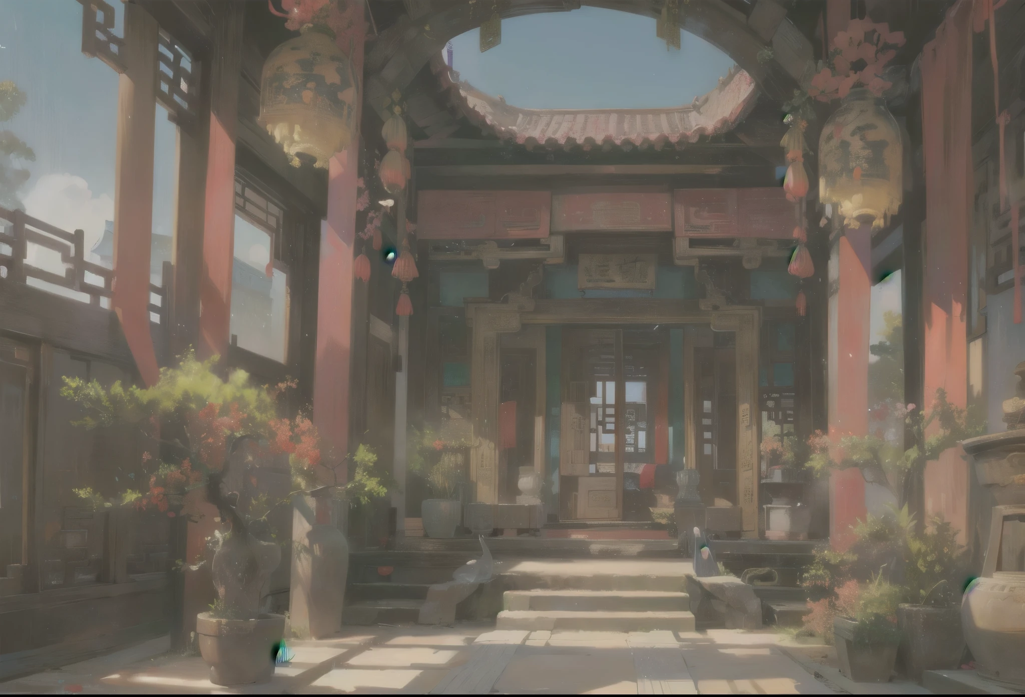 inside Old ancient chinese mansion, ancient traditional mansion, mansion, bight colors, stunning mansion, detailed chinese mansion, indoors, blue sky, daytime, scene, scenery, background, rich ancient chinese mansion indoors, luxury