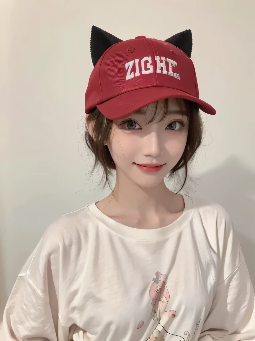 Best image quality、original photo、ultra high resolution、21 years old Korean、small breasts、dynamic angle、Cowboy shooting、The most beautiful form of chaos、elegant、Innovative design、bright colors、,light brown short hair、disheveled hair、light brown eyes 、black baseball cap(Facial expressionSmile)、short bob、Smile、Fair and shiny skin、beautiful eyes,random colors、The details are very beautiful、thin lips、Delicate and beautiful eyes、elongated eyes、Pale pink cheeks、long eyelashes、beautiful double eyelids、eye shadow、he、White Large T-shirt Sweatshirt、baggy pants、Shot from the side、sexy pose、enlarge