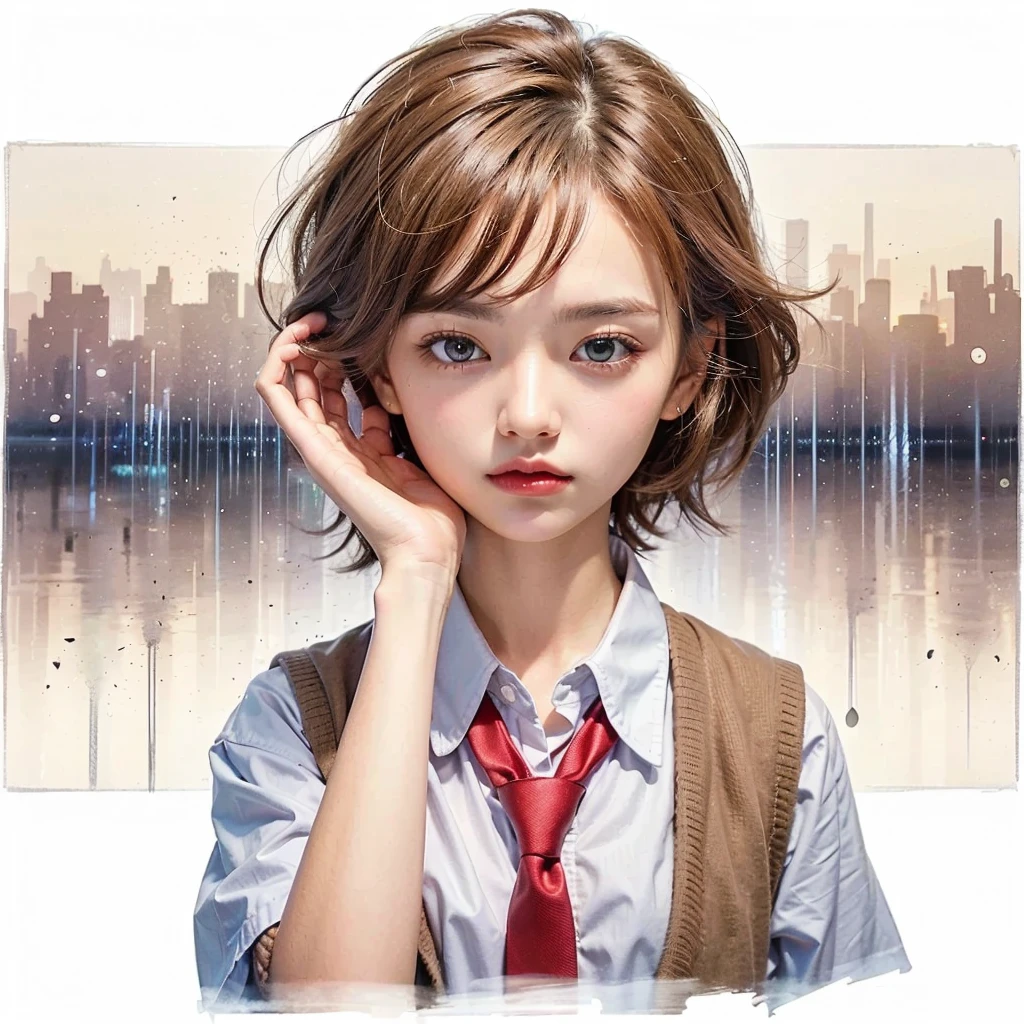 Brown hair girl, brown suit shirt, white shirt, red tie