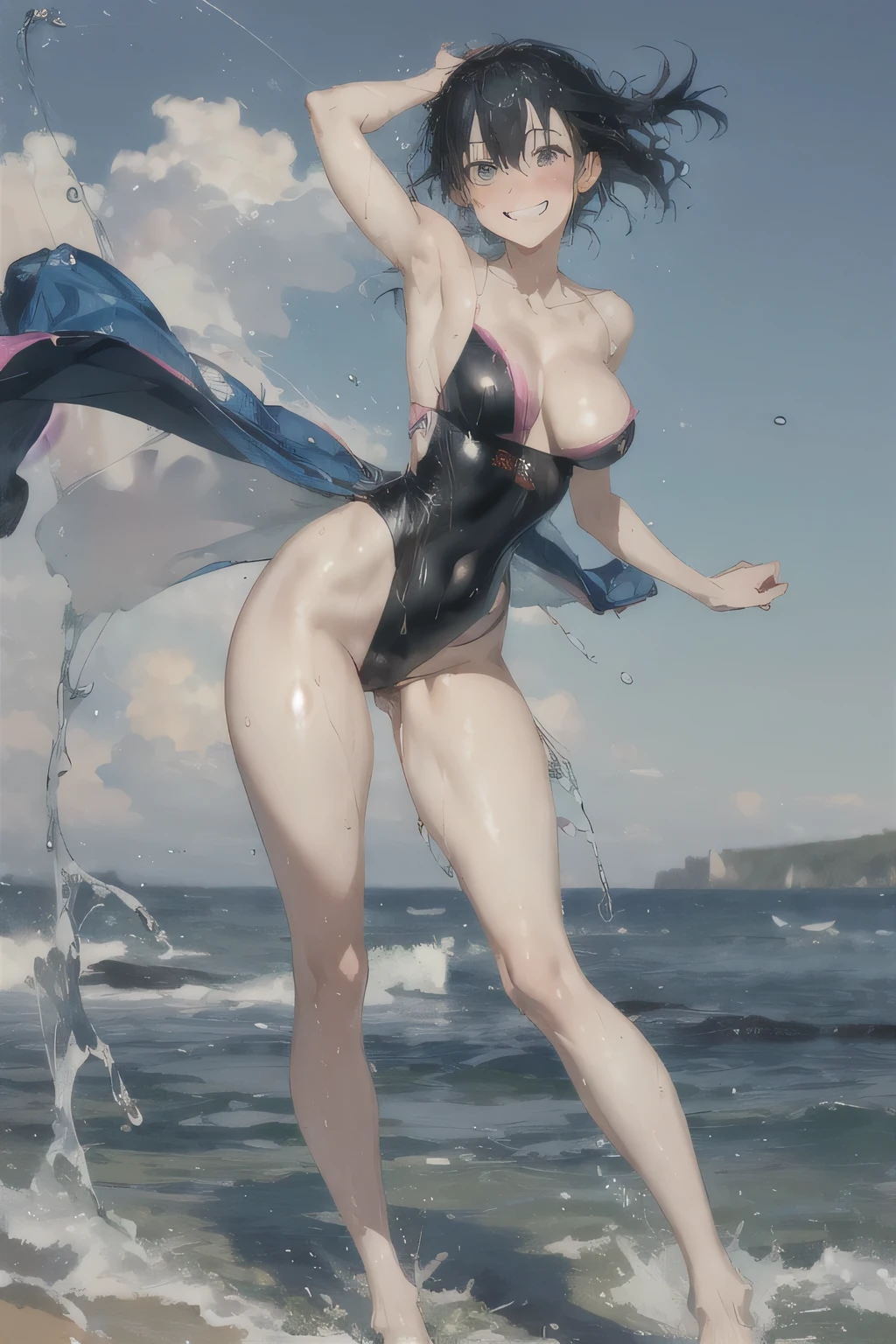 absurd , high resolution, Super detailed,  girl,Big Breasts，Happy, skirt, Rich gradients, Extreme colors, Extreme details, Clear light perception, butt, (many, Impressionism, painting), Anime Characters,Fluid between thighs,flowing liquid,Exposure,Disheveled,Clothing that fits snugly,Chest contour,(((Wet clothing))),Tube Top,(((Ultra-thin clothing))),(Body model),((Flesh outline)),Grinning, blush,Hyperactive expression,